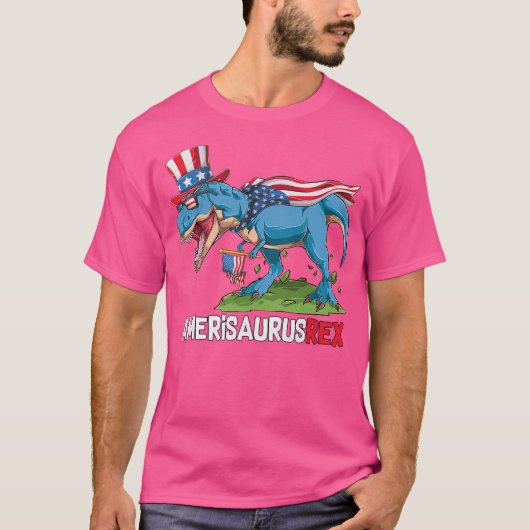 7月アメリザウルスT R恐竜アメリカ国旗4日 Tシャツ (正面)