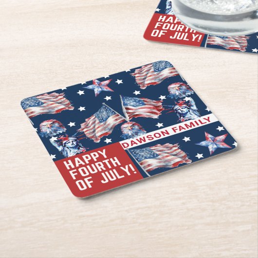 7月カスタム4日ウォーターカラーファミリー名 スクエアペーパーコースター (アングル)