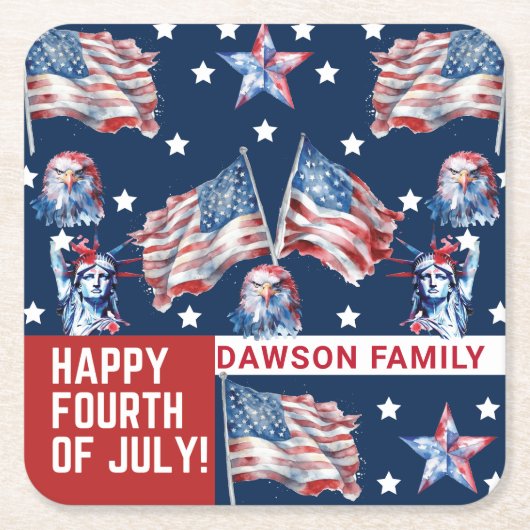 7月カスタム4日ウォーターカラーファミリー名 スクエアペーパーコースター (正面)