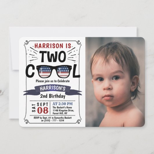 7月カッコいいの4日の男の子の写真2番目の誕生日 招待状 (正面)
