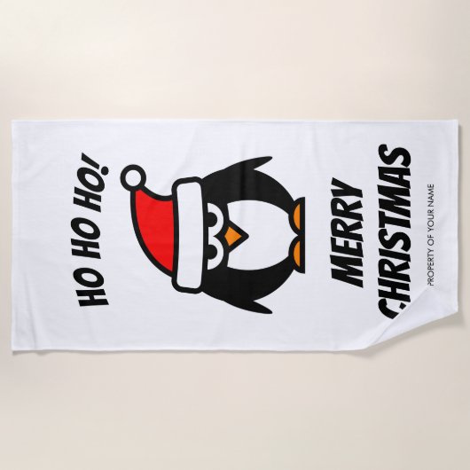 7月サンタのペンギンの漫画のおもしろいなクリスマス ビーチタオル (正面)