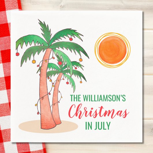 7月パーソナライズされたのパームの木のクリスマス スタンダードカクテルナプキン