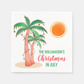 7月パーソナライズされたのパームの木のクリスマス スタンダードカクテルナプキン (正面)