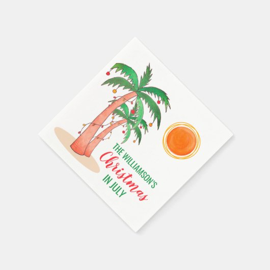 7月パーソナライズされたのパームの木のクリスマス スタンダードカクテルナプキン (角)