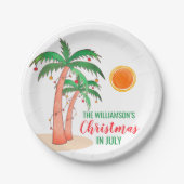 7月パーソナライズされたのパームの木のクリスマス ペーパープレート (正面)