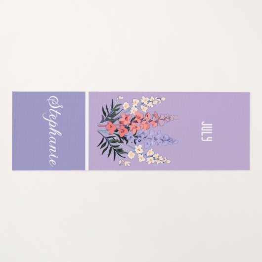 7月パーソナライズされた誕生フラワー名前をカスタムする ヨガマット (正面(横))