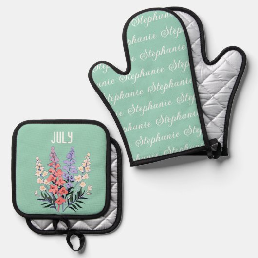 7月パーソナライズされた誕生フラワー名前をカスタムする 鍋つかみ&鍋敷きセット (正面/裏面)
