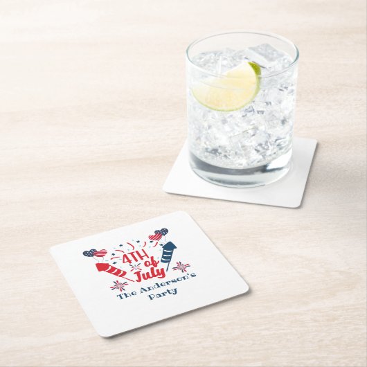 7月パーソナライズされた4日の花火赤白青 スクエアペーパーコースター (インサイチュ)