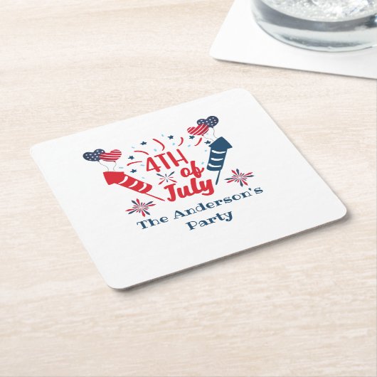 7月パーソナライズされた4日の花火赤白青 スクエアペーパーコースター (アングル)