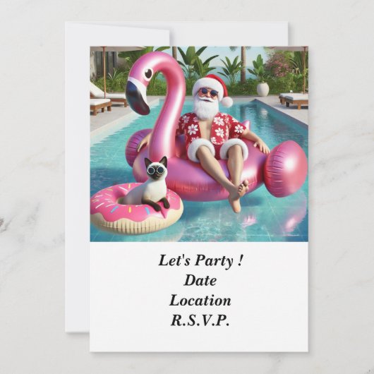 7月プールで猫のクリスマスとサンタパーティー 招待状 (正面)