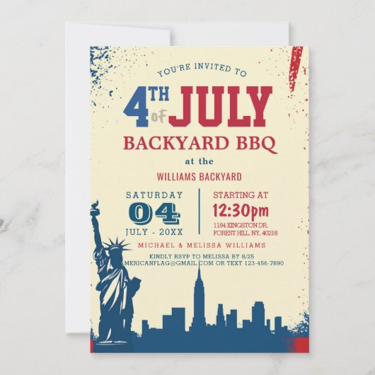 7月モダン4日バックヤードBBQの自由 招待状 (正面)