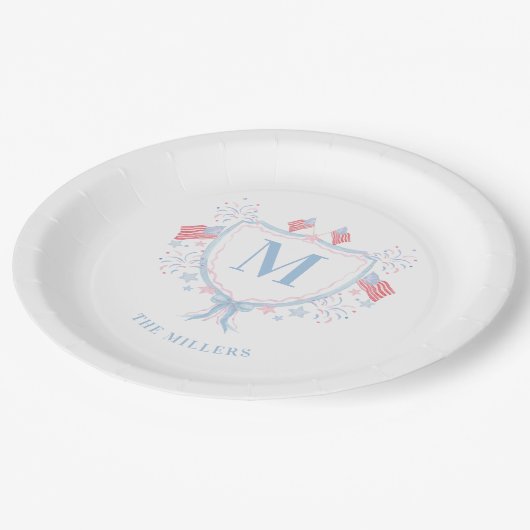 7月モノグラム紋章の赤・白・青4番目 ペーパープレート (アングル)