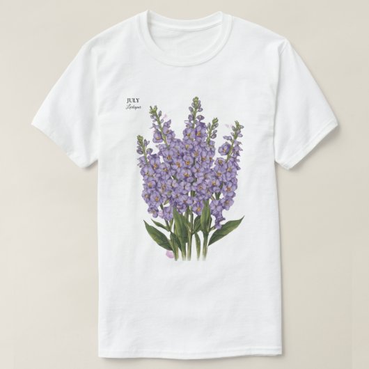 7月ラークスパー開花-パーソナライズされた誕生日ギフト Tシャツ (デザイン正面)