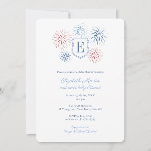 7月名門私立校風の4日モノグラムボーイ赤ちゃんシャワーパーティー 招待状 (正面)