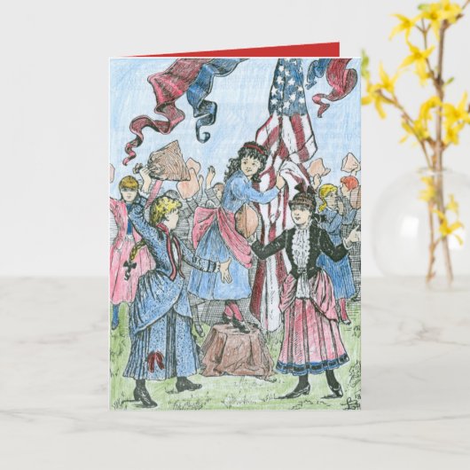 7月引用文の第4を祝っているビクトリアンな女の子 カード (黄色い花)