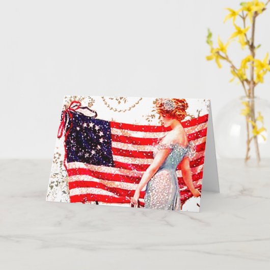 7月第4愛国心が強い女性ギブソン・ガールに米国印を付けて下さい カード (黄色い花)