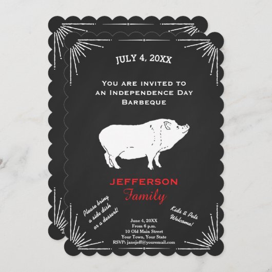7月素朴BBQパーティーChalkboardのアメリカ4th 招待状 (正面/裏面)