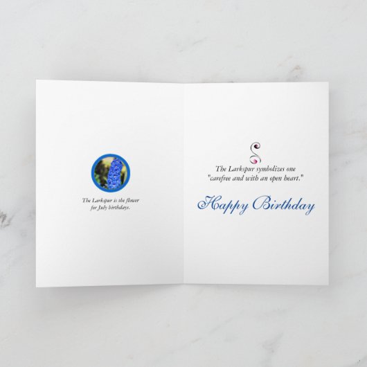 7月美しく青いLarkspurの花の誕生日 カード (内部)