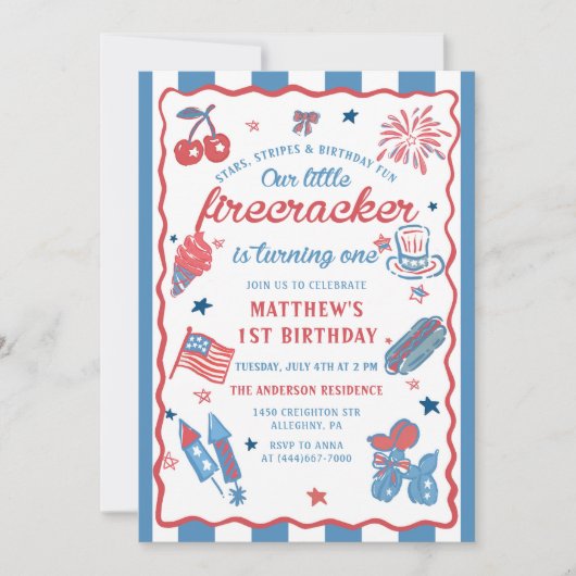 7月1日の誕生日のリトルフィレクラッカー4th 招待状 (正面)