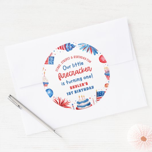 7月1日の誕生日の私たちの小さな爆竹4日 ラウンドシール (封筒)