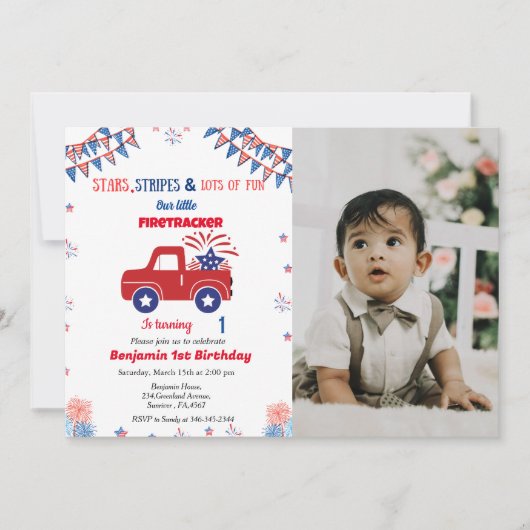 7月1日の誕生日の赤と青のファイアートラッカー 招待状 (正面)