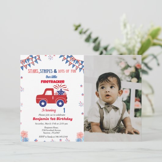 7月1日の誕生日の赤と青のファイアートラッカー 招待状 (スタンド正面)