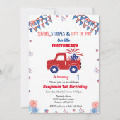 7月1日の誕生日の赤と青のファイアートラッカー 招待状 (正面)