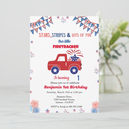 7月1日の誕生日の赤と青のファイアートラッカー 招待状 (スタンド正面)