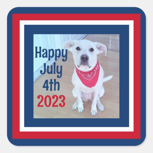 7月4ストライプの日赤白青かわいい犬の写真 スクエアシール (正面)