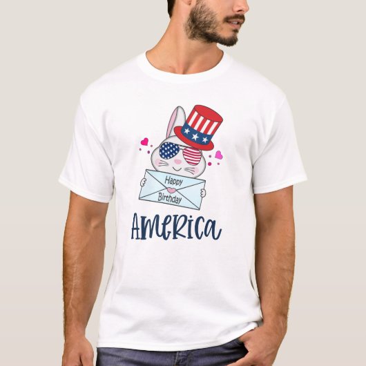 7月4日うさぎアメリカ国旗のサングラス Tシャツ (正面)
