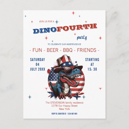 7月4日おめでとうの恐竜 帽子と眼鏡 ポストカード (正面)