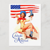 7月4日おめでとう。レトロのピンアップ ポストカード (正面)