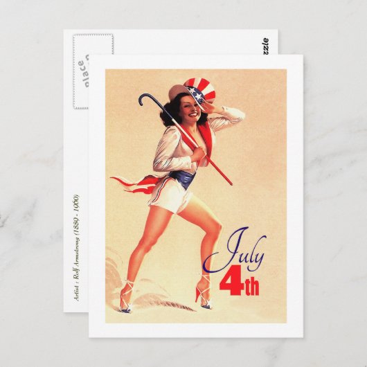 7月4日おめでとう。ヴィンテージのピンアップ ポストカード (正面/裏面)
