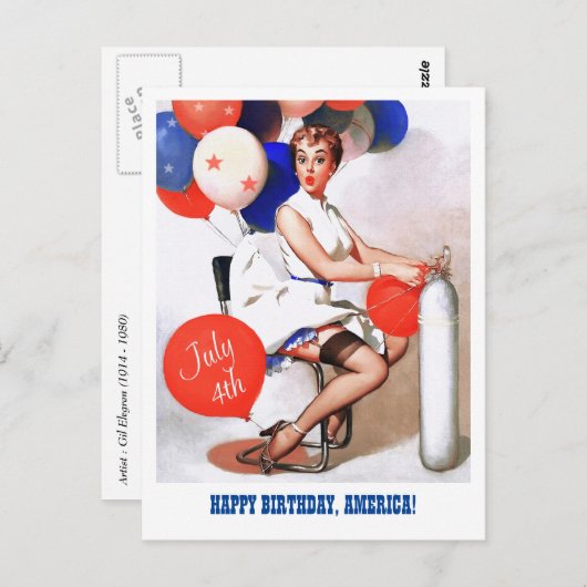 7月4日おめでとう。ヴィンテージのピンアップ ポストカード (正面/裏面)