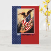 7月4日おめでとう。ヴィンテージイーグルおよび米国国旗 カード (黄色い花)