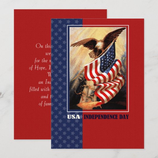 7月4日おめでとう。ヴィンテージイーグルとアメリカ国旗のカード サンキューカード (正面/裏面)