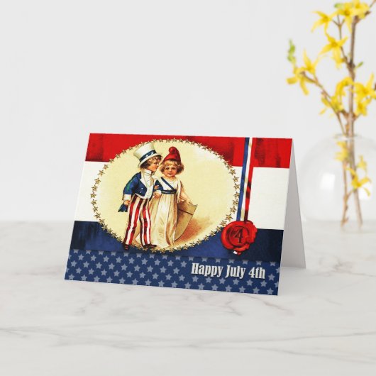 7月4日おめでとう。ヴィンテージ愛国心のある子供 カード (黄色い花)