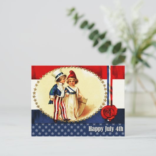 7月4日おめでとう。ヴィンテージ愛国心のある子供 ポストカード (スタンド正面)