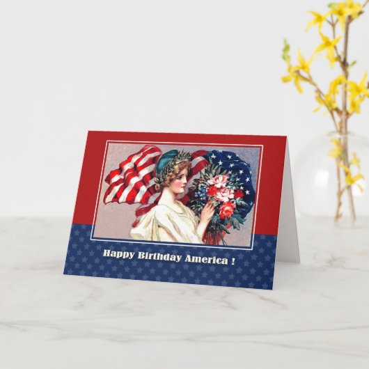 7月4日おめでとう。ヴィンテージ愛国的デザイン カード (黄色い花)