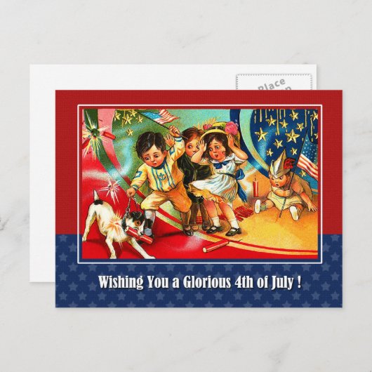 7月4日おめでとう。ヴィンテージ ポストカード (正面/裏面)