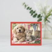 7月4日おめでとう、可愛い子犬と縞模様の猫、 シーズンポストカード (スタンド正面)