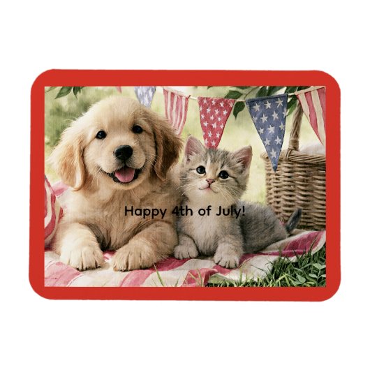 7月4日おめでとう、可愛い子犬と縞模様の猫、 マグネット (横)