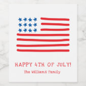 7月4日おめでとう |手描きアメリカ国旗の好意 ワインラベル (シングルラベル)
