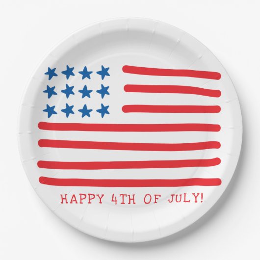 7月4日おめでとう |手描きアメリカ国旗 ペーパープレート (正面)
