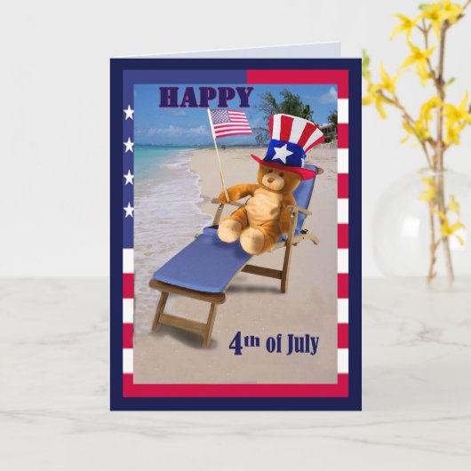 7月4日おもしろいカード愛国的テディベア カード (黄色い花)