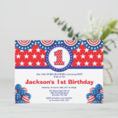 7月4日お誕生日おめでとう！最初の1歳の誕生日招待状 招待状 (スタンド正面)