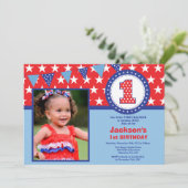 7月4日お誕生日おめでとう！最初の1歳の誕生日招待状 招待状 (スタンド正面)