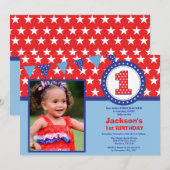 7月4日お誕生日おめでとう！最初の1歳の誕生日招待状 招待状 (正面/裏面)