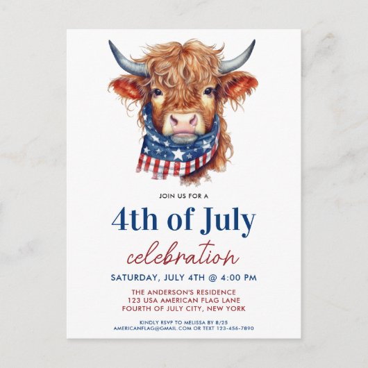 7月4日かわいい赤白青愛国の牛 インビテーションポストカード (正面)