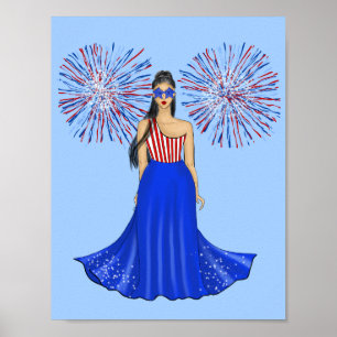 7月4日とFireworksファッションイラストレーション ポスター